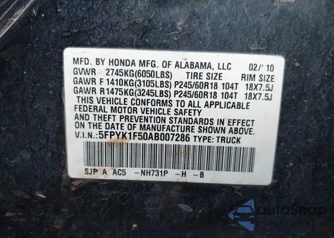 2010 Honda Ridgeline Rtl z USA, uszkodzony, nr VIN 5FPYK1F50AB007286